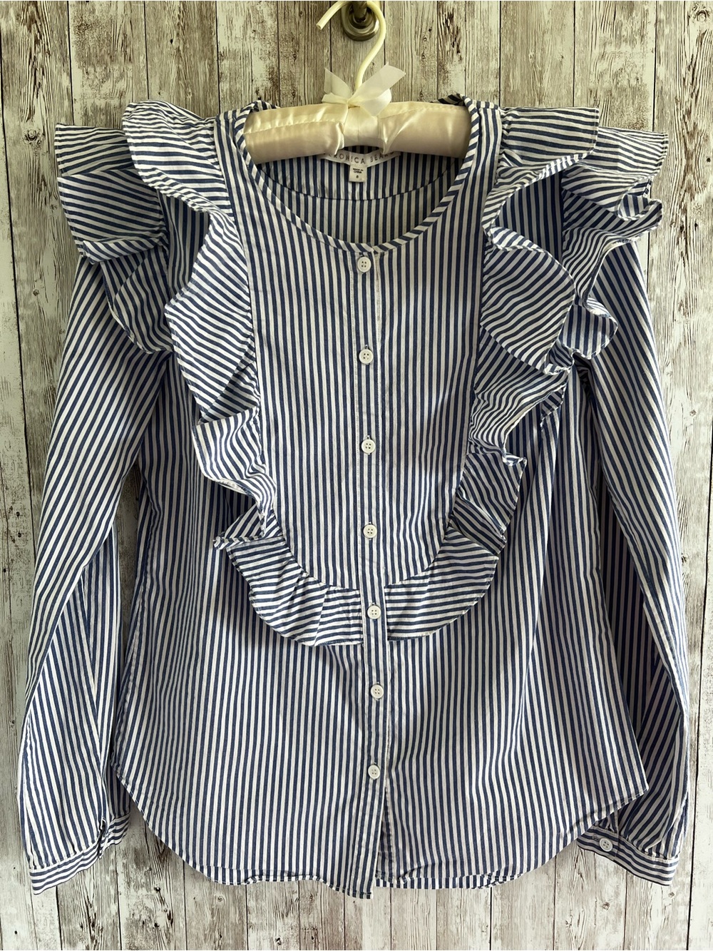 Veronica Beard Blue and White Striped Ruffle Button-Front Blouse Size 8